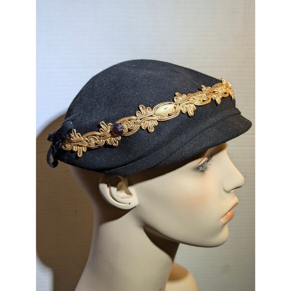 Vintage 50s Glentover Henry Pollak Black Wool Newsboy Cap Gold Trim Hat PinUp main image 7